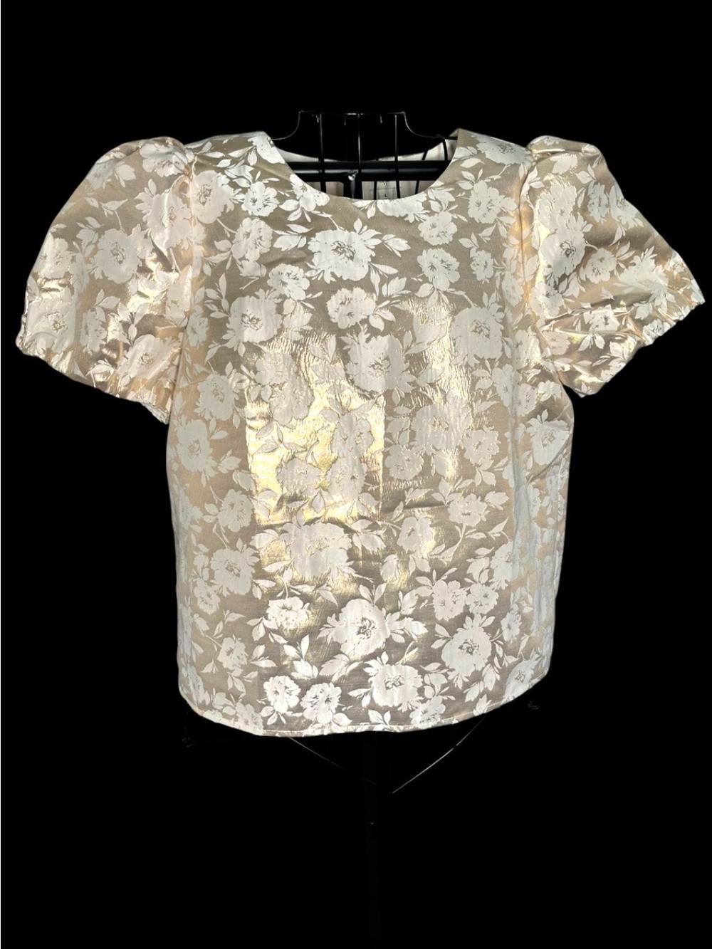 J.Crew Metallic Gold Floral Jacquard Puff Sleeve Top L Holiday Party